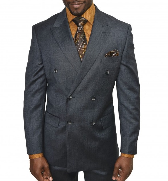 Charcoal double breasted suit with mustard shirt