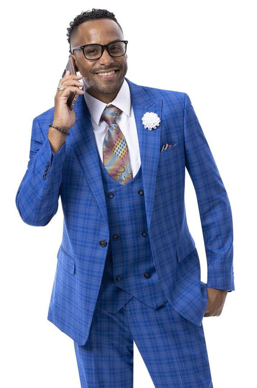 man wearing a fashionable blue plaid suit with vest man wearing a fashionable blue plaid suit with vest