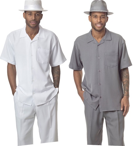 white and gray walking suits by Montique