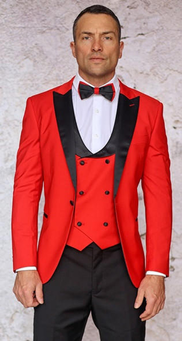 man wearing red and black tuxedo with vest