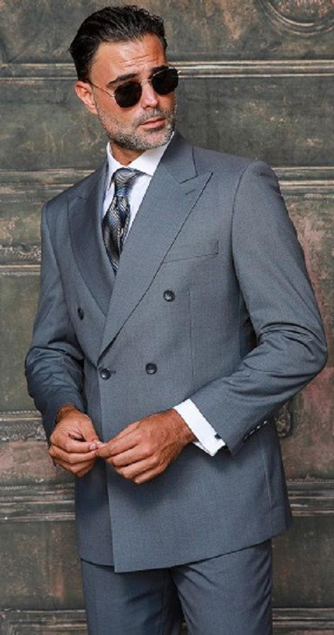 Man wearing a gray double breasted style suit