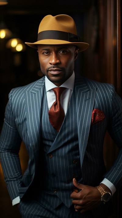 man wearing a mens dress hat with pinstripe suit