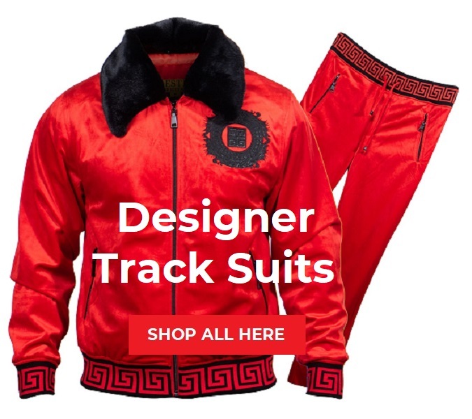 Red designer tracksuit by Prestige Clothing