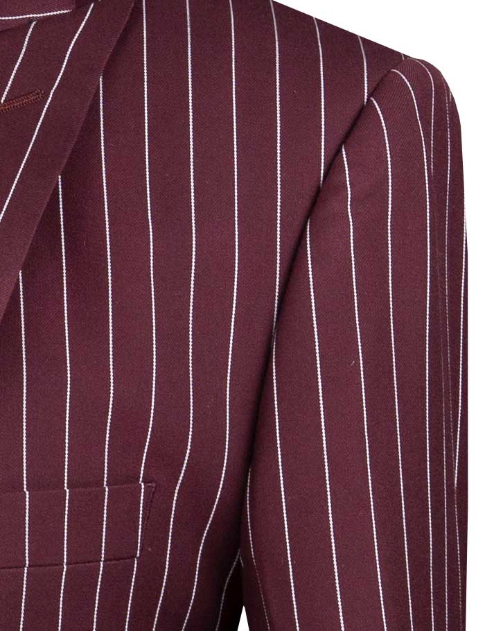 Close up of a burgundy pinstriped suit jacket.